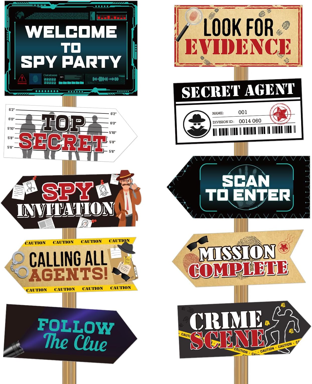Gueevin 20 Pieces Secret Agent Secret Spy Birthday Party Decorations Detective Themed Party Directional Sign for Yard Mystery Crime Clue Evidence Decorations, 10 Styles(Classic Color)