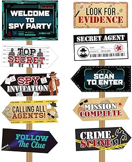 20 Pieces Secret Agent Secret Spy Birthday Party Decorations Detective Themed Party Directional Sign for Yard Mystery Crime Clue Evidence Decorations, 10 Styles