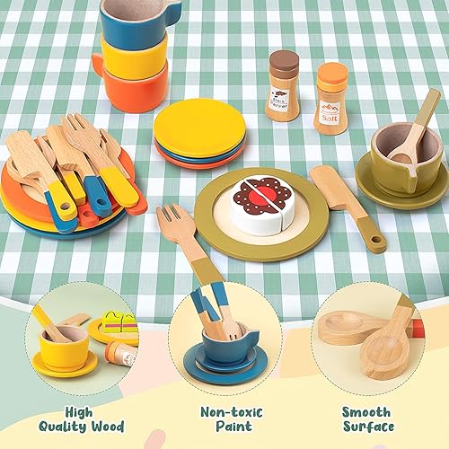 Miniatura 4 de Juego de 30 platos y platos de madera para niños, accesorios de cocina de madera Montessori, juego de vajilla para regalos de niños, juegos de