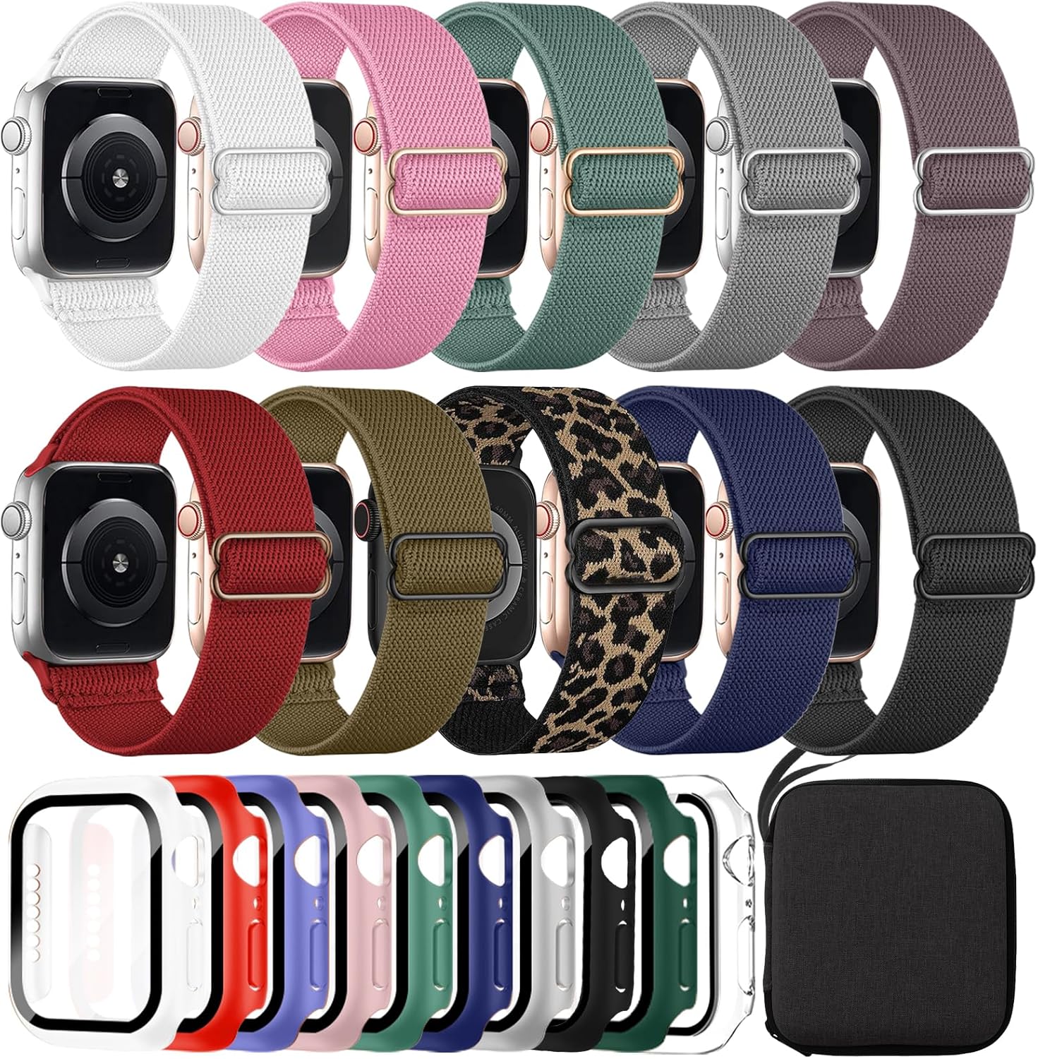 10 Pack Nylon Stretchy Band Compatible with Apple Watch Bands 40mm 41mm 42mm 44mm 45mm 46mm for Women Men, Watch Case(Compatible for Apple Watch Series 11 10 9 8 7 6 5 4 3 SE/2