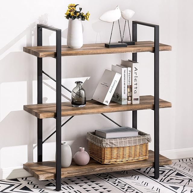 APICIZON 3-Tier Bookshelf, Industrial Small Ladder Shelving Display Unit for Living Room, Bedroom, Bathroom, Book Case with Metal Frame, Brown, 90 x 32 x 105 cm