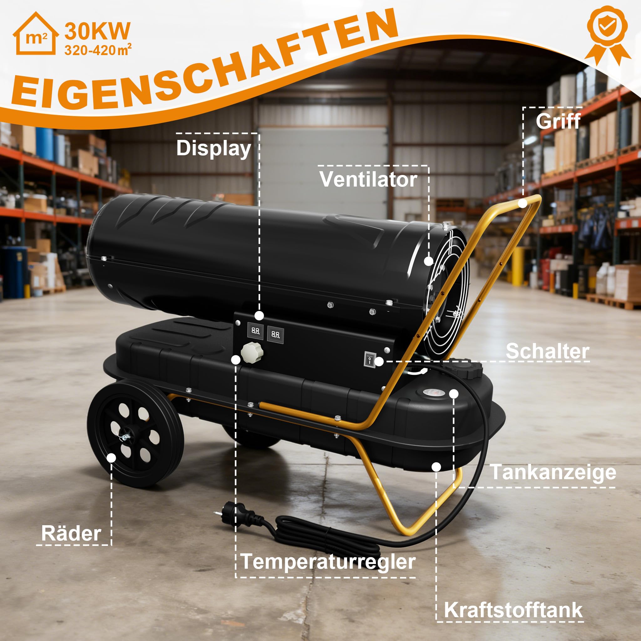 FIVMEN Canon de chauffage diesel 30 kW avec thermostat Chauffage à huile Chauffage souffleur à huile 22 l Débit d'air 720 m³/h Chauffage à huile Chauffage de chantier Canon diesel avec ventilateur