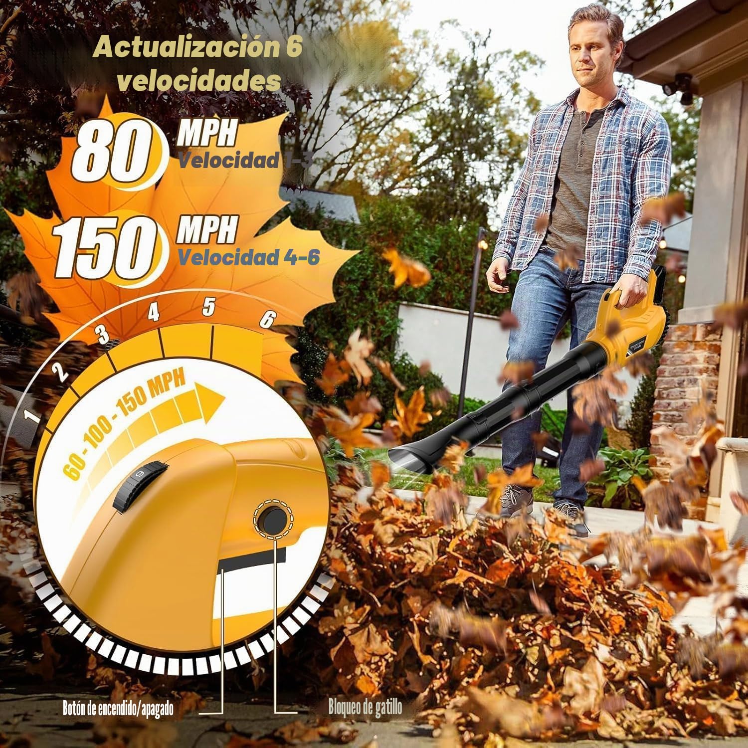 Soplador de Hojas Eléctrico Compatible con Dewalt 20 V, Batería de 300 km/h, 6 Velocidades Soplador de Aire Potente, Extraíble, Utilizado para Limpiar Hojas De Jardín, Nieve, Polvo (Amarillo)