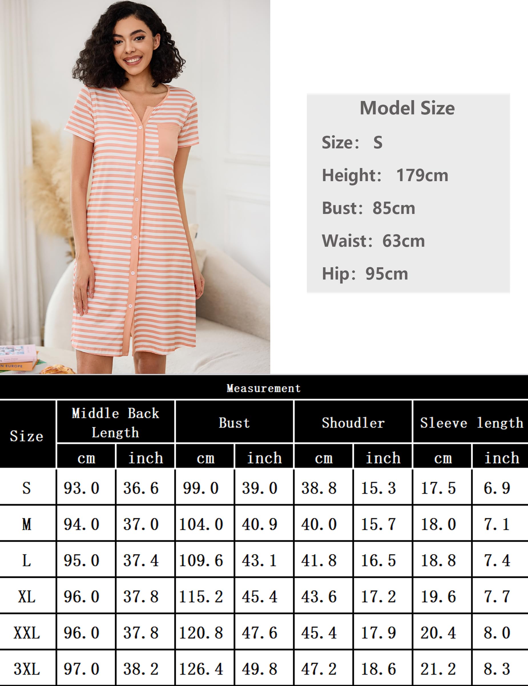 Marvmys Chemises de Nuit Femme Coton Manches Courtes Rayure Robe De Chambre avec Bouton Maternité Vêtements D'Intérieur S-XXL