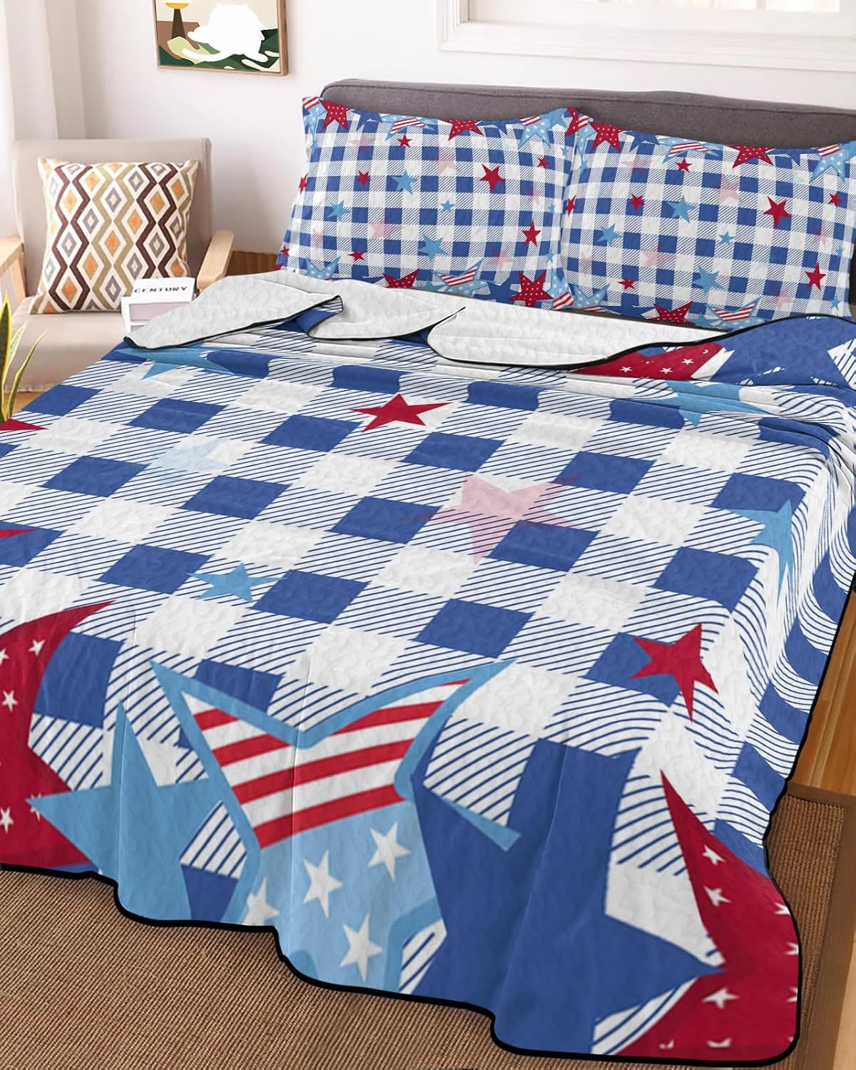 Full Size Quilt Set, Memorial Day Patriotic Stars and Stripes Lightweight Bedspread Coverlet Set Summer Quilt with 2 Pillow Shams, USA Flag Blue Checker Plaid 3 Piece Comforter Bedding Set