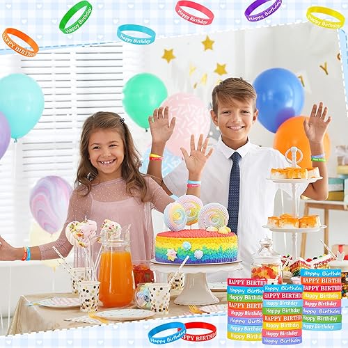 Miniatura 6 de BBTO 48 pulseras de goma de cumpleaños, pulseras elásticas de silicona, pulseras de silicona de colores para suministros de fiesta de cumpleaños