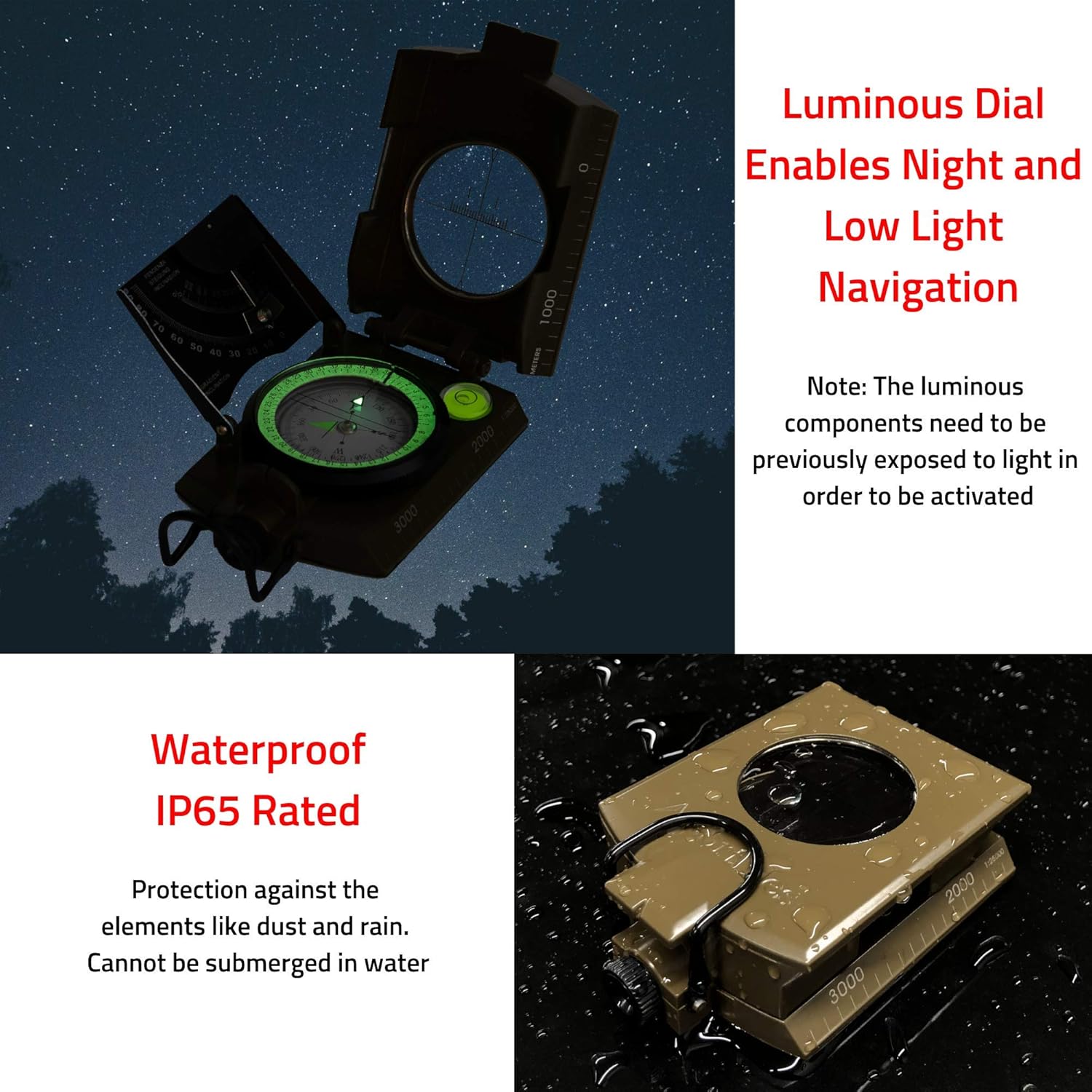 Combo Pack Military Lensatic Sighting Compass and Paracord Survival Bracelet, Fire Starter, Whistle, Aluminum Alloy, Waterproof, Carrying Bag, Tactical Outdoor Gear for Camping and Hiking
