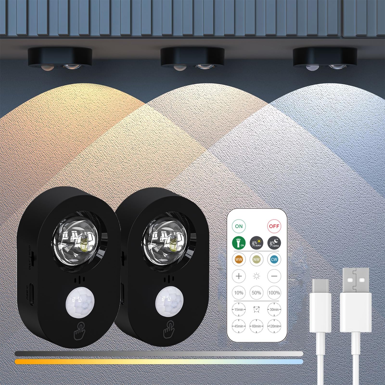 Lampy podszafkowe, 2 lampy LED z tektury falistej z czujnikiem ruchu, bezprzewodowe lampki LED do szafy, do kuchni, szafy, korytarza, schodów, 2 szt