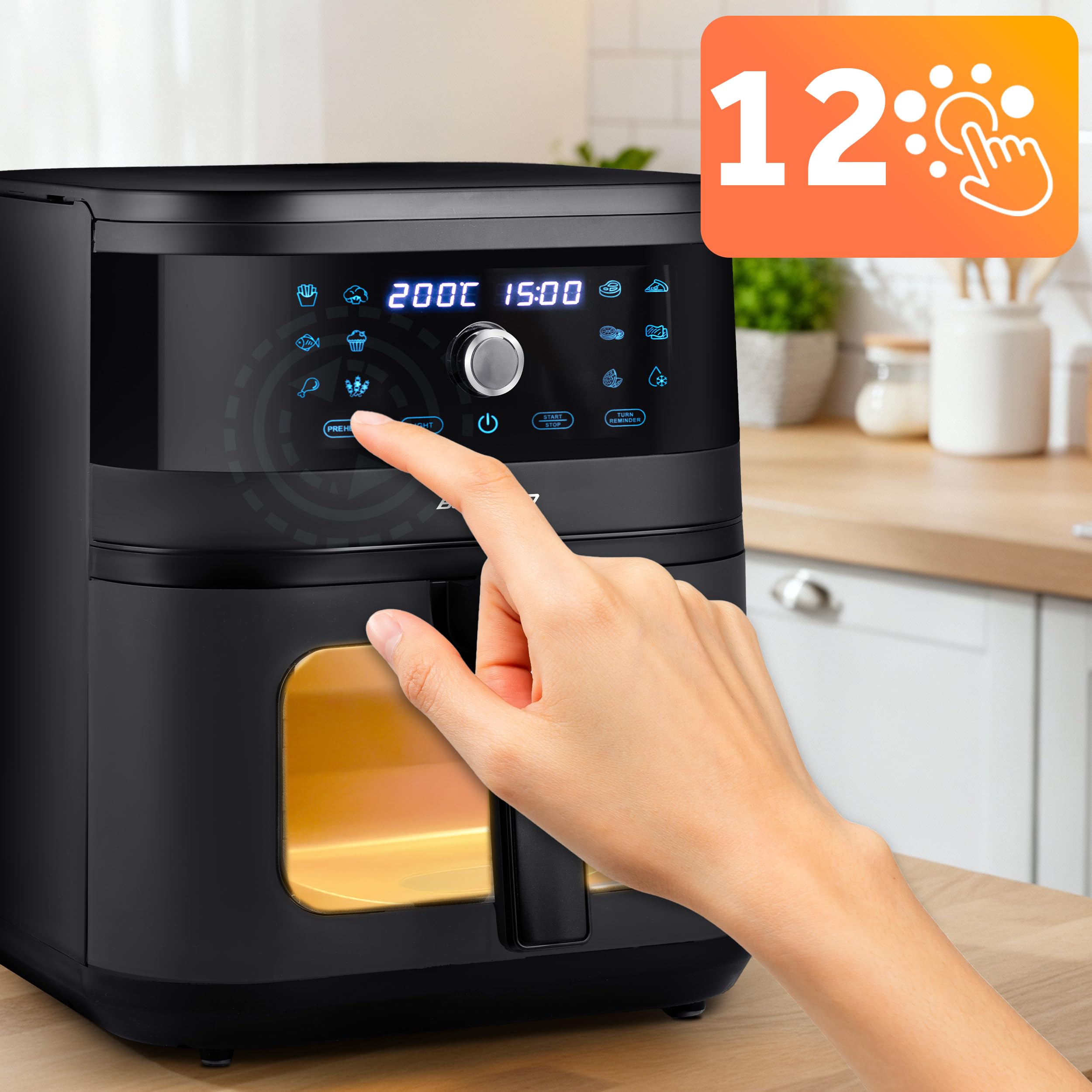 Berdsen Frytkownica Beztłuszczowa XXL 8L - Airfryer z Okienkiem i Ekranem Dotykowym - 1700W - 12 Programów - Zdrowo bez Tłuszczu - Czarna