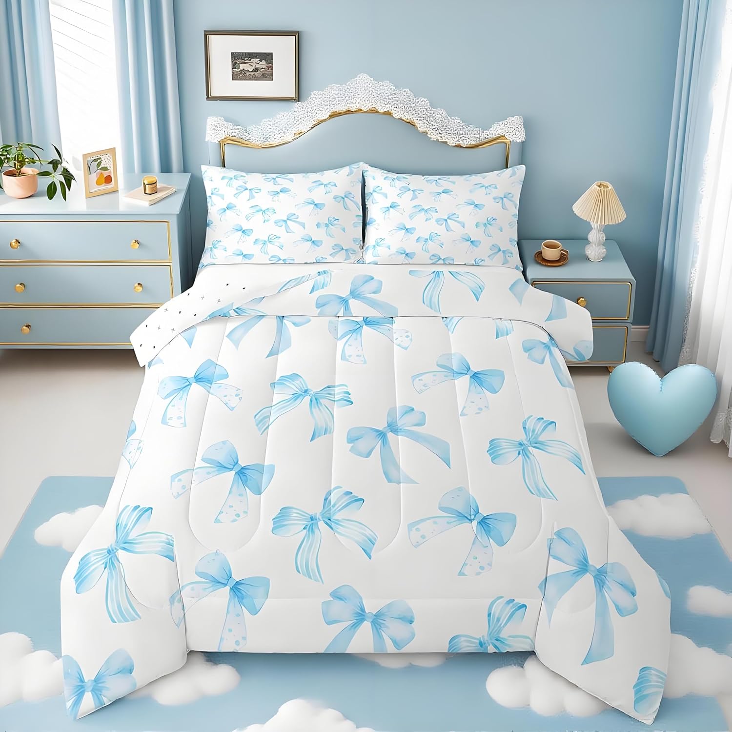 Feelyou Sky Blue Bow Bedding Set for Kids Boys Girls Twin Size Cute Dreamy Princess Style Comforter Set Ultra Soft Bow Pattern Comforter Sky Blue Bowknot Duvet Quilt Bedroom Decor Bow Quilt