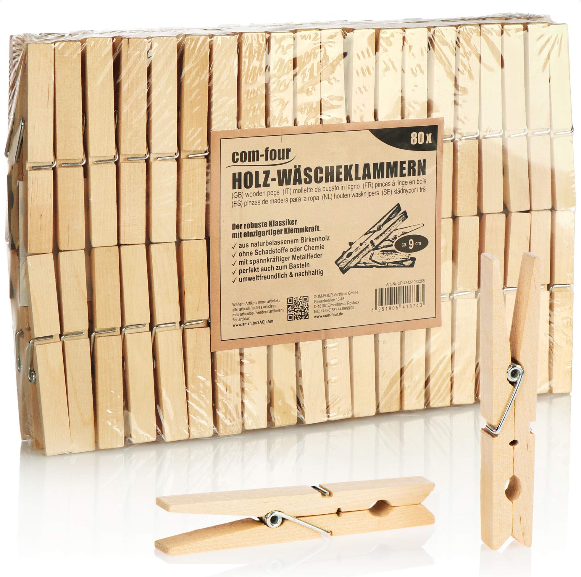 com-four® 100x XXL Clothespins made of wood - Sustainable wooden pegs ...