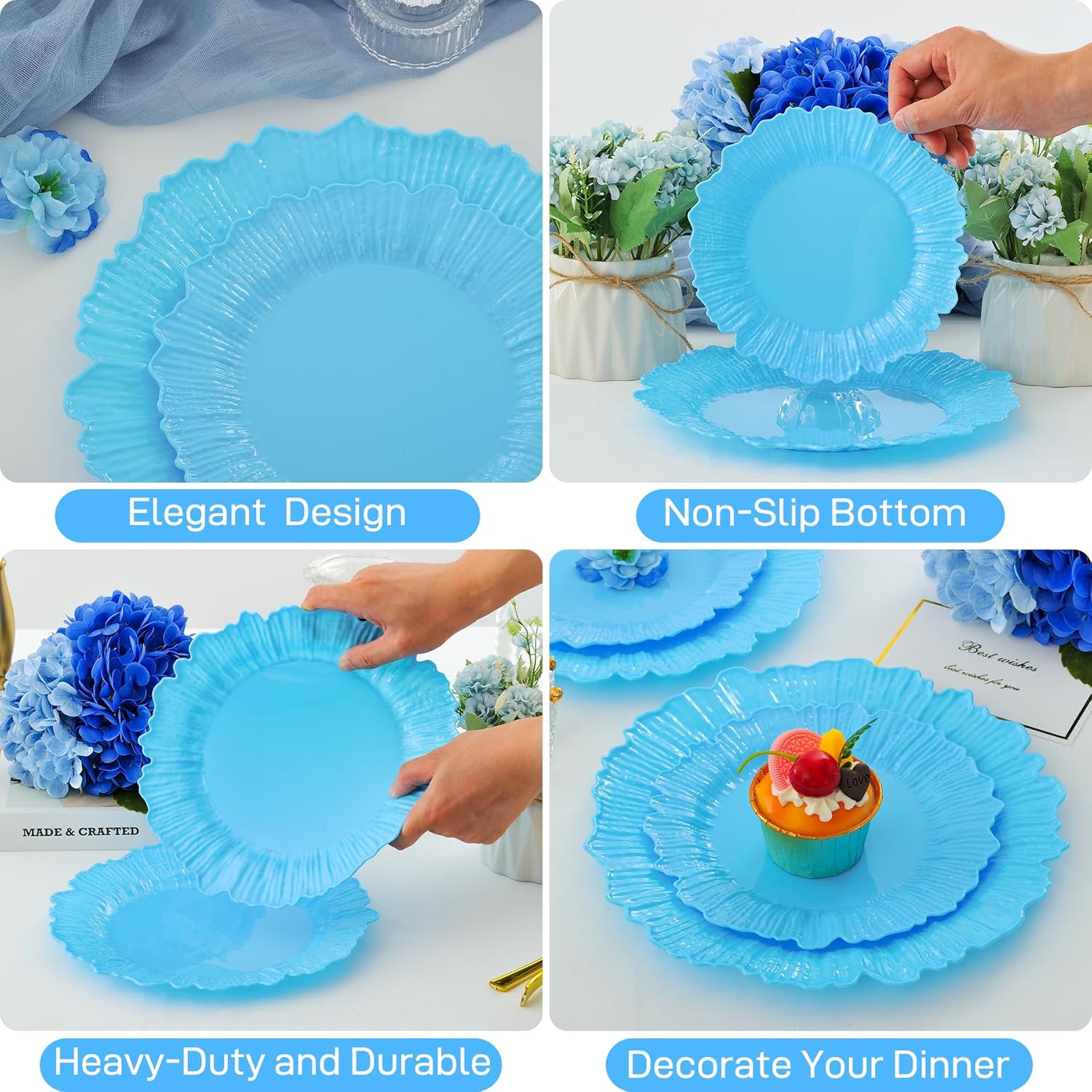 50 Pcs Blue Plastic Plates, Blue Floral Disposable Plate, Fancy Heavy Duty Plastic Platos Set include 25 10" Dinner & 25 7.5" Dessert Plates for Party Wedding - Image 3