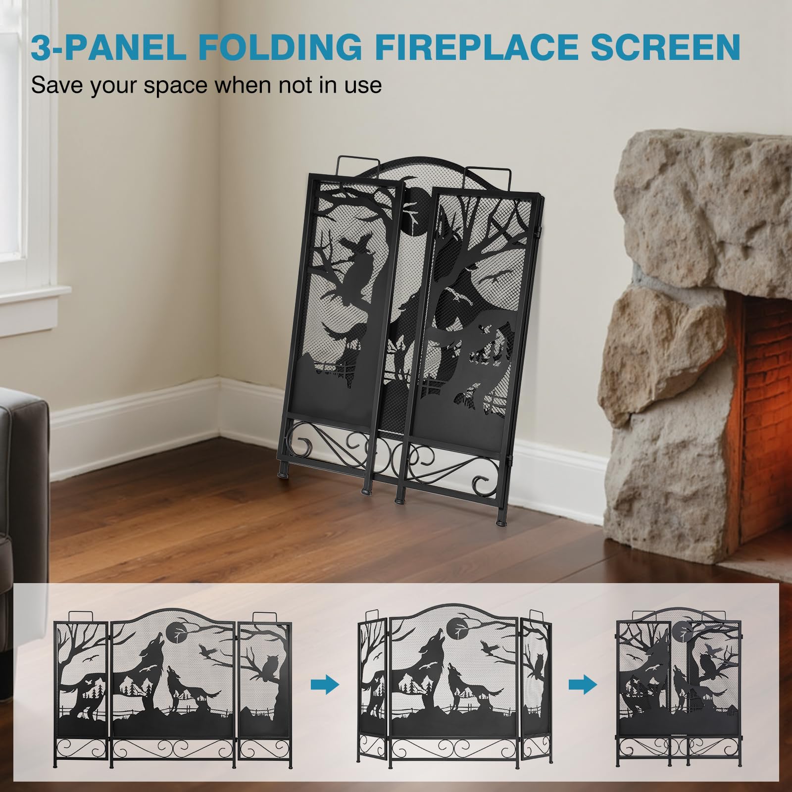 IRONWALLS Paravento per camino a 3 pannelli con lupi, 121,9 x 81,3 cm (lunghezza x altezza), in ferro battuto, pieghevole, decorativo, ad arco, parascintille, rete nera, recinzione per cancello del