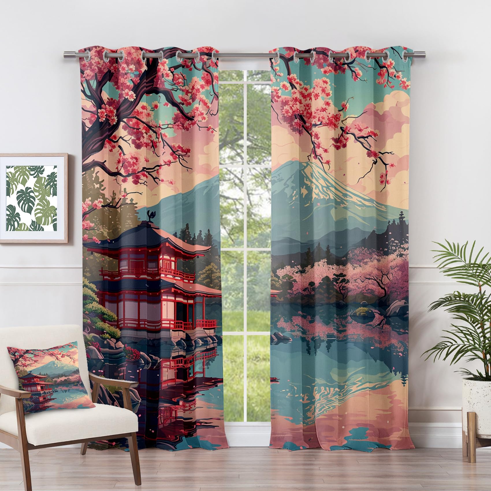 Vorhänge Japanische - Kirschblüten Landschaft Mount Fuji Fenster Gardinen mit Ösen, Vorhang Blickdicht Verdunklungsvorhänge Thermovorhang für Wohnzimmer Deko 2er Set, H 220 x B 140 cm L#-272