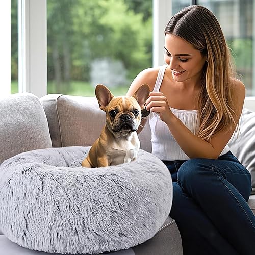 Miniatura 7 de Paquete de 2 camas para perros y gatos, camas para gatos de 20 pulgadas para gatos de interior, cama calmante en forma de dona para cachorros y