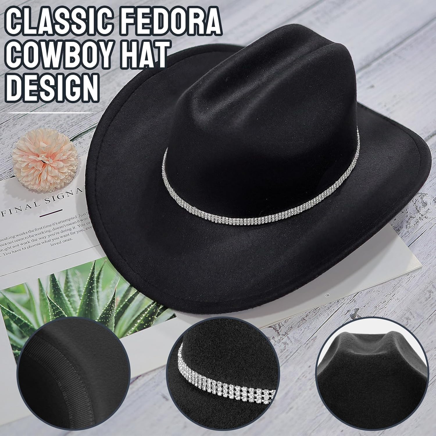 Cowboy Hat Rhinestone Cowgirl Boots Earrings Set Western Earring Felt Fedora Jazz Hat Rodeo Outfit for Women Size M - Image 6