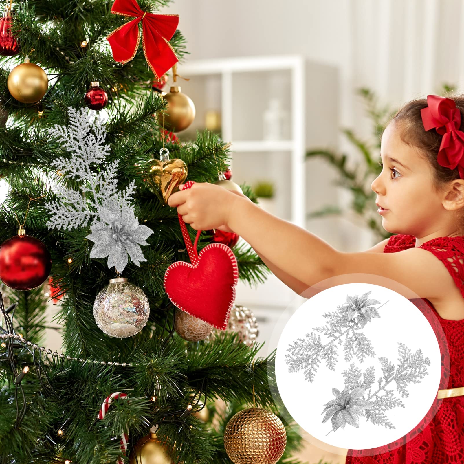jojofuny Ornamente Krippendekoration 18 Stücke Künstliche Weihnachtsblumen Glitter Poinsettia Plektren Kiefer Zweige mit Clip for Christmas Crafts Party Festliche Wohnkultur
