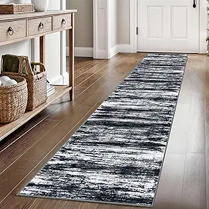 KOZYFLY Modern Abstract Hallway Runner Rug, 2x8 Washable Rug Runner Non-Slip Soft Striped Kitchen Runner Rugs, Black Navy Blue Grey Carpet Runner for Entryway Bathroom Laundry Room Foyer