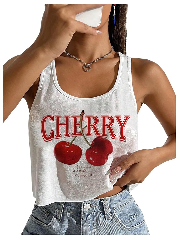トップス Cherry Pattern Strap Top Cherry SHENHE Women's Cherry Crop Tops Sleeveless Spaghetti Strap