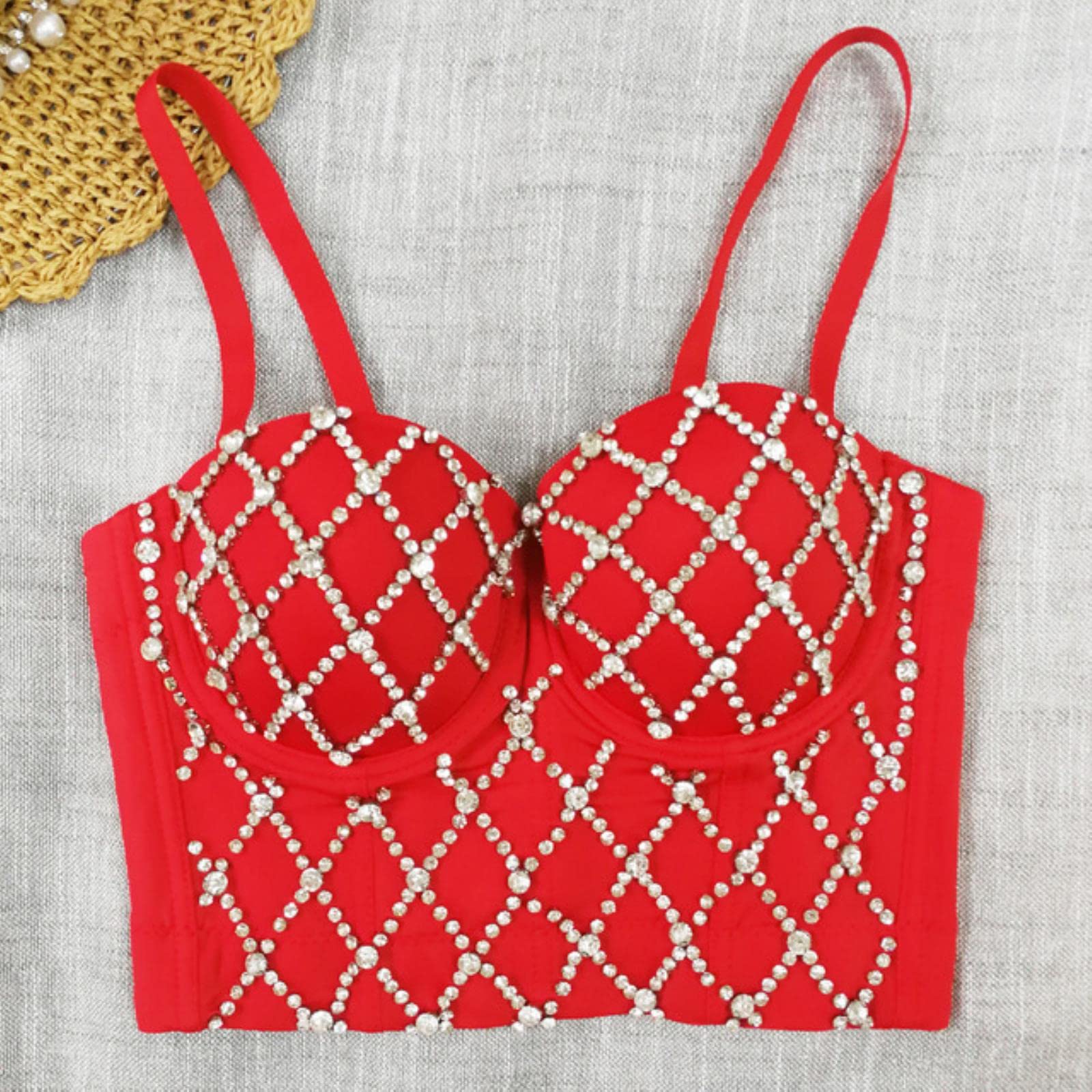 YOND Primavera Verano Tops de Mujer Diamantes Diamantes de Lentejuelas Fiesta Tank Top Shaper Wedding Bra Ropa de Mujer y2k Chaleco Damas Corsé-1-rojo, CN L-38