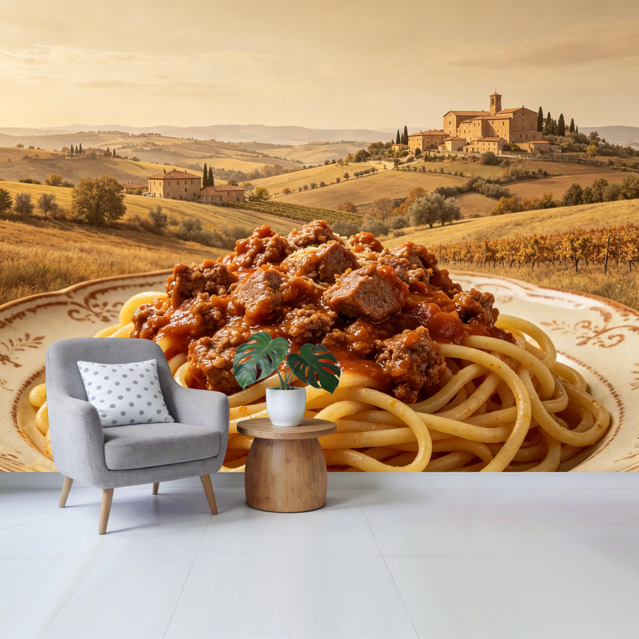 Qzlithotic Yq2605250398 Custom Size Wall Mural Tuscan Landscape Countryside Fields Spaghetti Pasta Food Scene Selfadhesive Wall Fabric Removable Wallpaper For Home Office Decor