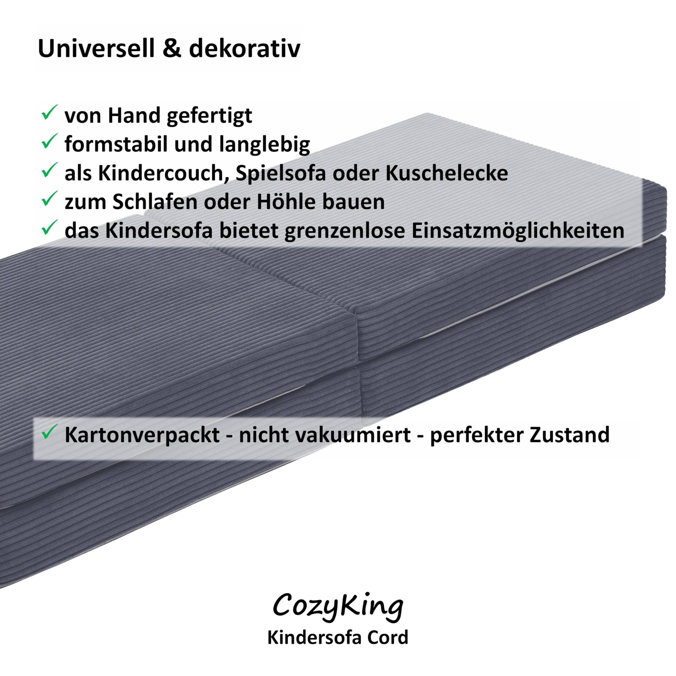 CozyKing Kindersofa in Cord grau – Weiches Spielsofa für Kinder mit abnehmbarem & waschbarem Bezug – Vollschaumkern, atmungsaktiv, Made in EU, ideal fürs Kinderzimmer