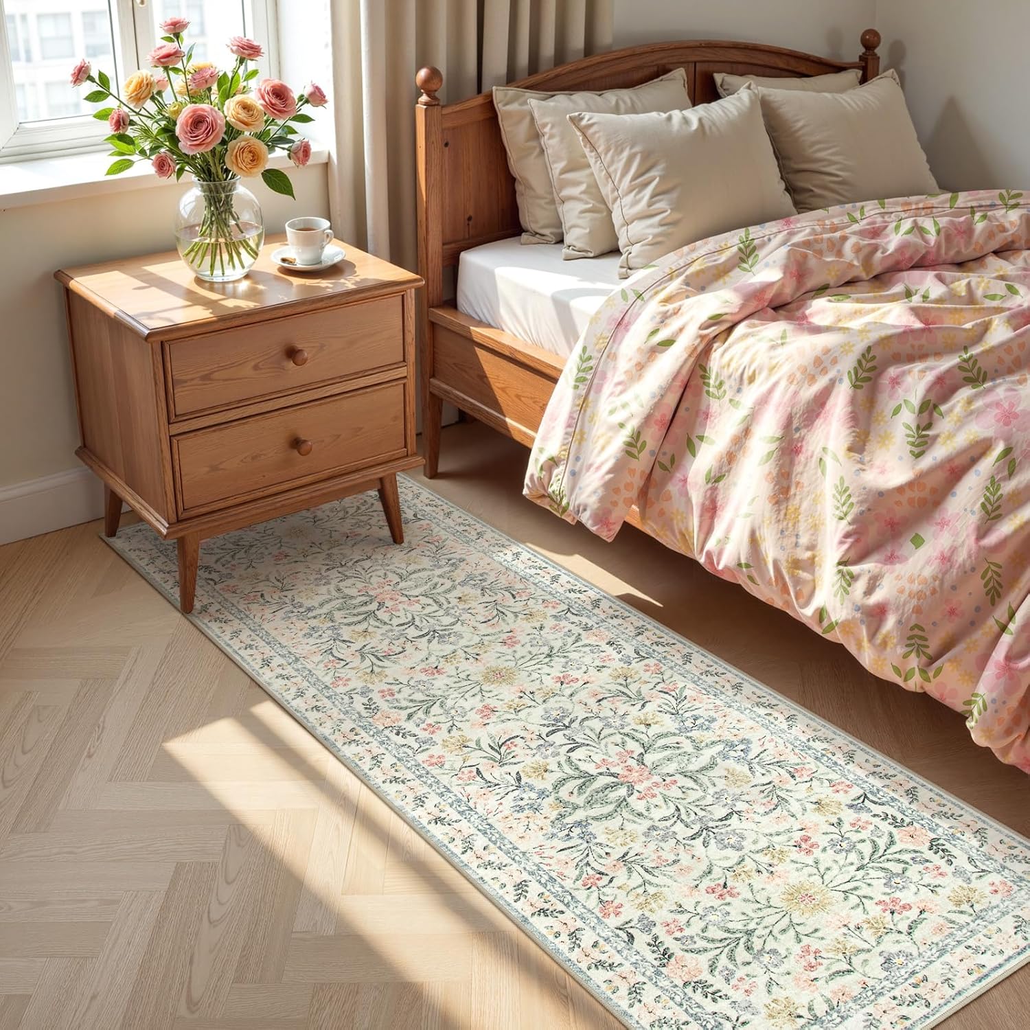 Lahome Sylvie Washable Runner Rug 2x6, Boho Kitchen Runner Rugs 24 x 72 Non Slip,Vintage Indoor Throw Carpet for Bedside Hallway Entry Bedroom Laundry, Beige/Multi