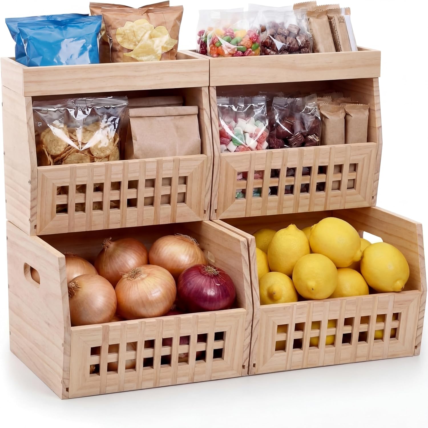 6 Pack Wood Pantry Storage Bins 4 Wooden Storage Bins with 2 Wooden Tray Lids Multipurpose Open Front Stackable Organization Set for Kitchen or Pantry and Fruits Vegetables, Potato & Onion