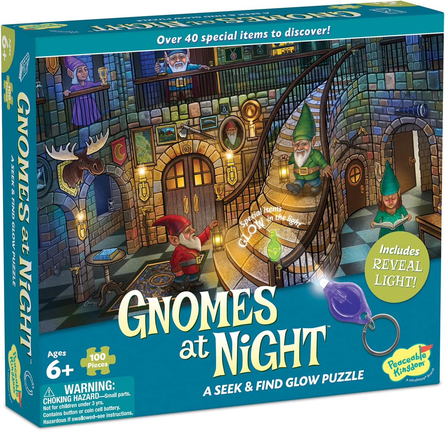 Peaceable Kingdom Gnomes at Night Puzzle – 100-Pc. Seek & Find Glow Puzzle for Kids Ages 6 & Up – Included Blacklight Reveals Hidden Items – Great for Home or Classrooms