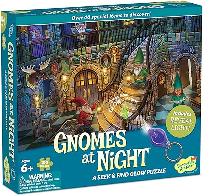 Peaceable Kingdom Gnomes at Night Puzzle – 100-Pc. Seek & Find Glow Puzzle for Kids Ages 6 & Up – Included Blacklight Reve...