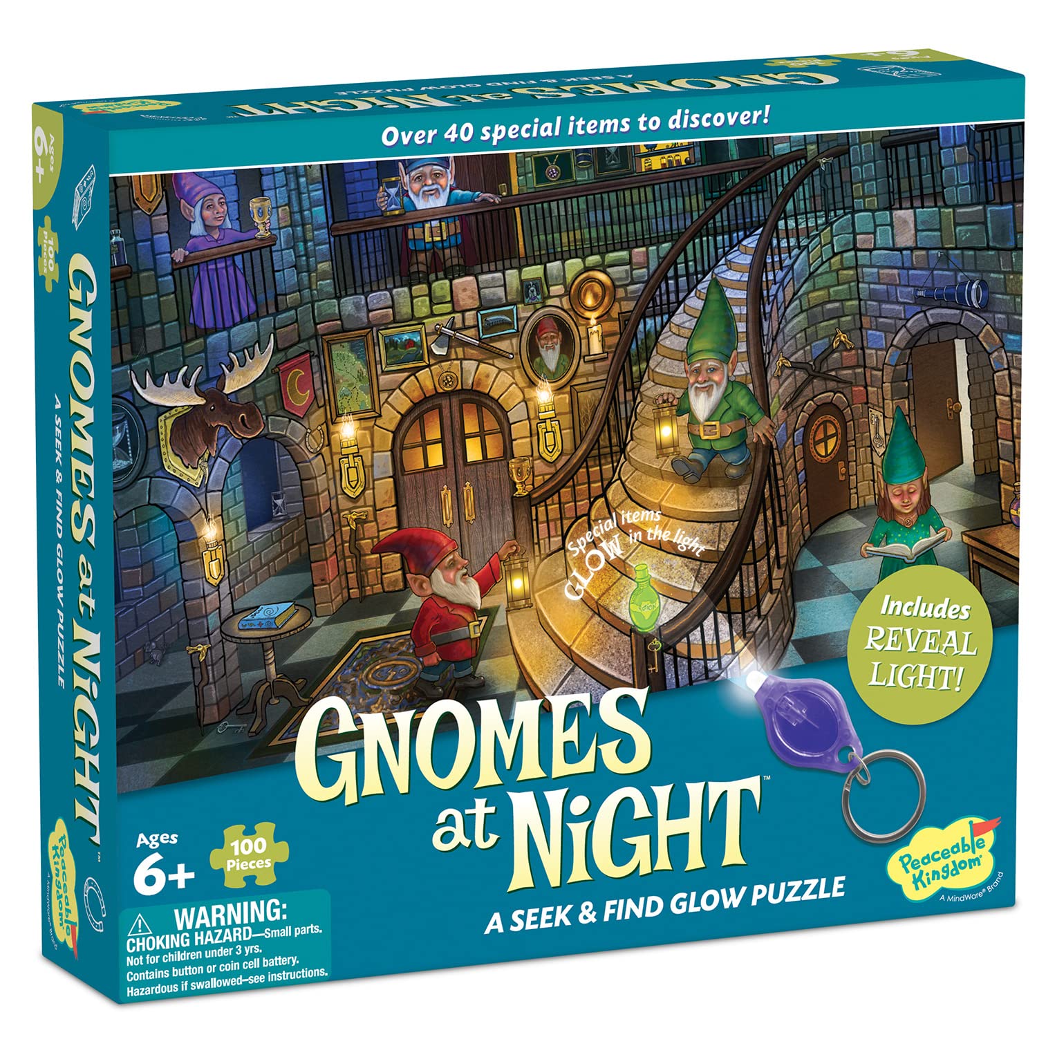 Peaceable Kingdom Gnomes at Night Puzzle - 100-Pc. Seek & Find Glow Puzzle for Kids Ages 6 & Up - Included Blacklight Reveals Hidden Items - Great for Home or Classrooms