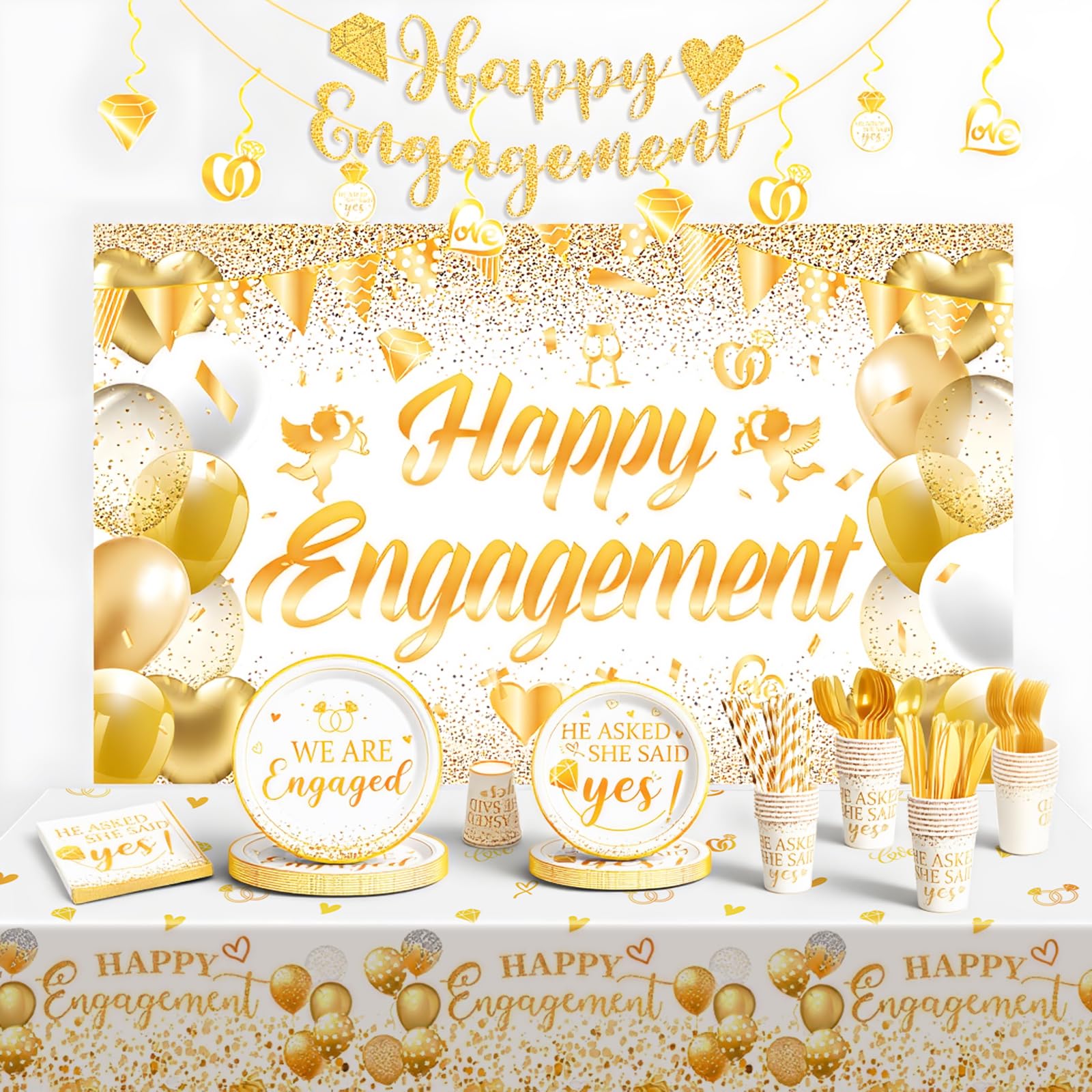 Décorations de fête de fiançailles, kit de fournitures de fête « He Asked She Said Yes », assiettes en papier, serviettes, nappe de table jetable pour décoration de demande en mariage, pour 20