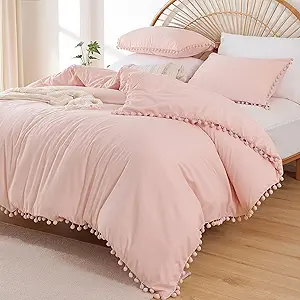 YIRDDEO Queen Comforter Set - Comforter Queen Size Sets with Ball Pom Fringe, Soft Bedding Set for All Seasons - 3 Pieces, 1 Comforter (90"x90") & 2 Pillow Shams (20"x26"), Blush