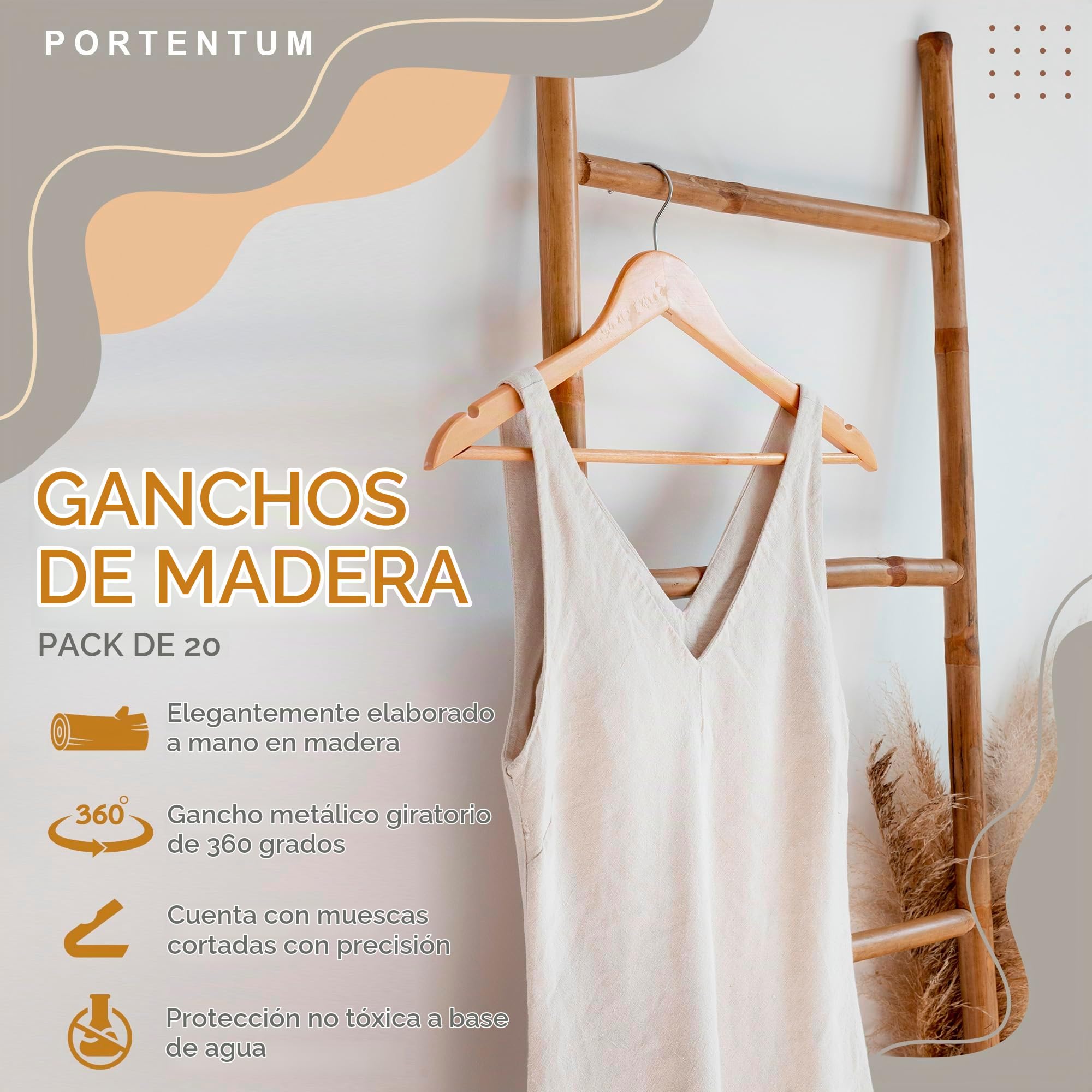 PORTENTUM Set de 20 Perchas de Madera para Ropa, Color Natural. Gancho Giratorio 360º, Perchas Pantalones, Colgador Antideslizante para Trajes, Chaquetas y Camisas, Muescas para Vestidos y Blusas