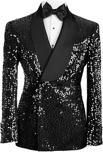 Seuquin Double Breasted Blazer Men Shawl Lapel Shiny Mens Suit Jacket Glitter Blazer for Party Prom Tuxedo Wedding