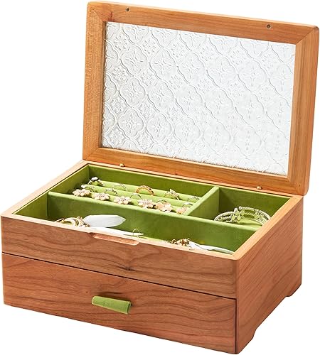 ek06-b-cherry - Joyero de madera, caja de tamaño grande, organizador de baratijas vintage de madera maciza natural de cerezo con almacenamiento de 2