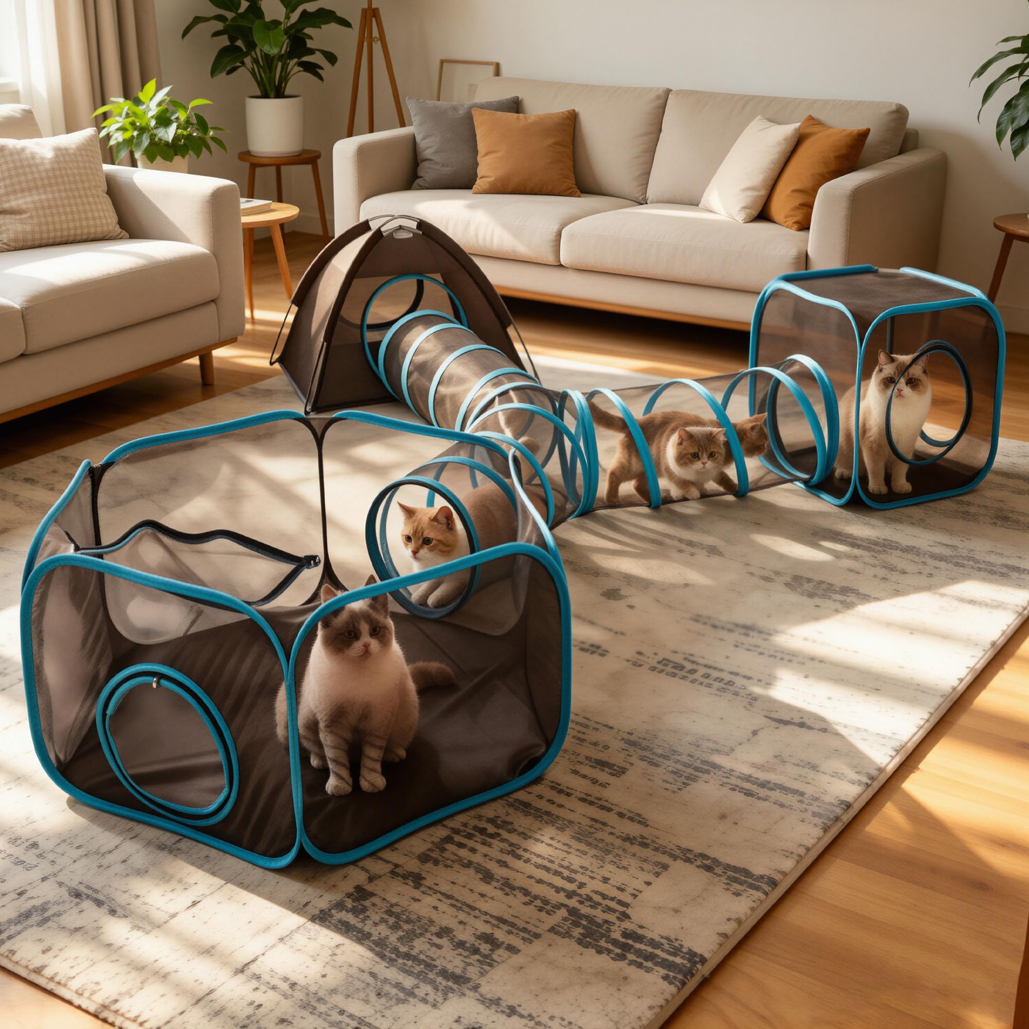 4 in 1 Katzentunnel und Katzenzelt, Outdoor Katzengehege für drinnen und draußen, Pop Up Katzenlaufstall mit anschließbaren Katzentunneln für Katzen, Kaninchen & Kleintiere