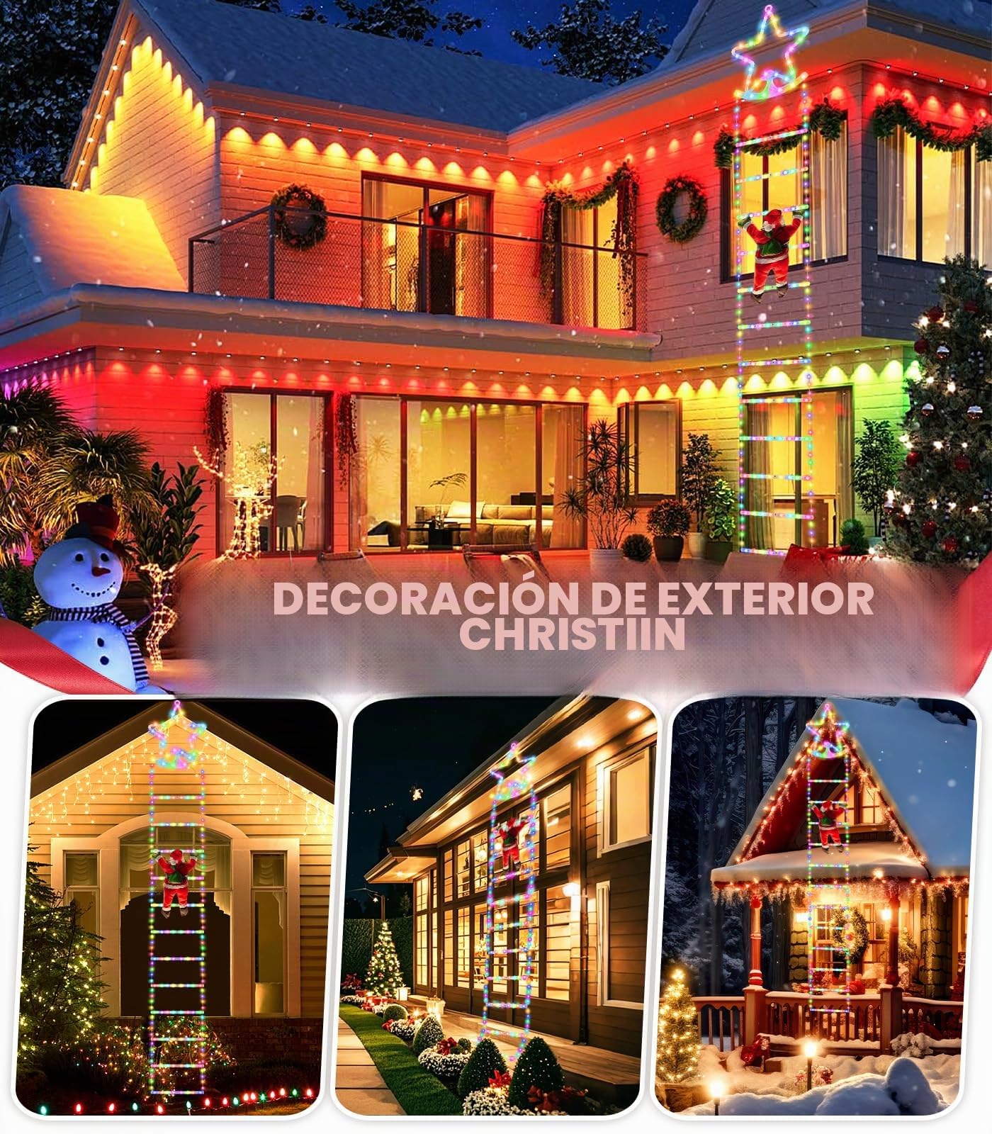 Guirnalda Luces de Navidad - 3 Metros LED Escalera Navidad Estrellas con Papá Noel, 8 Modos USB Luz Decoración con Control Remoto para Exterior Interior, Habitación, Balcón
