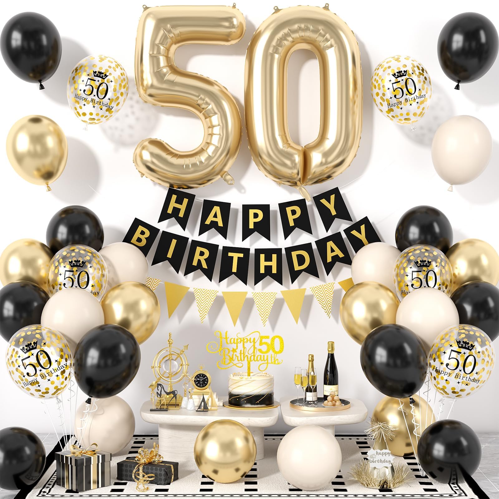 50th Birthday Decorations Black Gold for Men Women,Happy Birthday Banner with Cake Toppers,Confetti Balloons,Number 50 Balloons for 50 Years Old Party