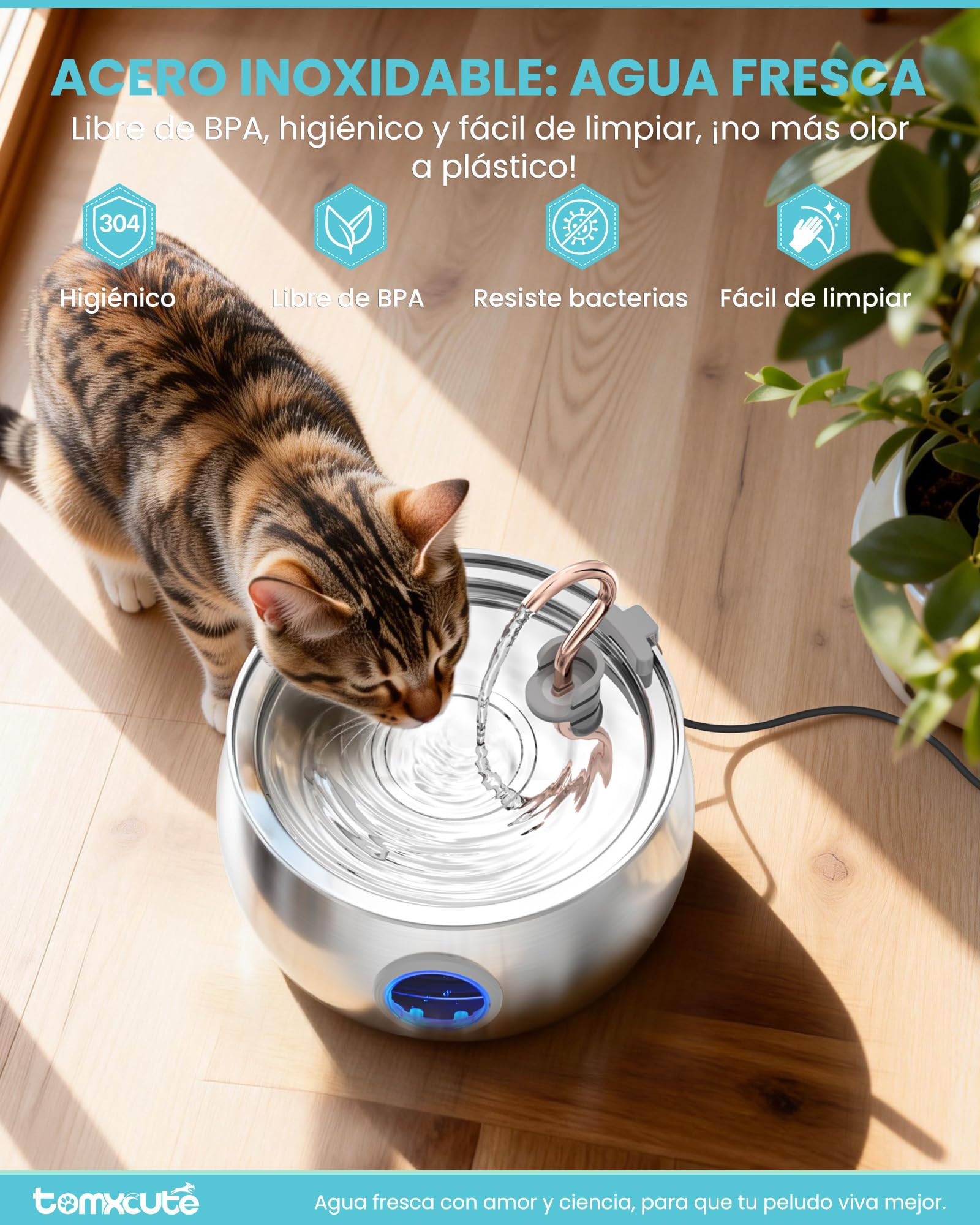 TOMXCUTE Fuente Gatos 4L con Nivel Visible para Varias Mascotas | Bomba silenciosa con cuello de cisne y 3 filtros para agua limpia y fresca cada día