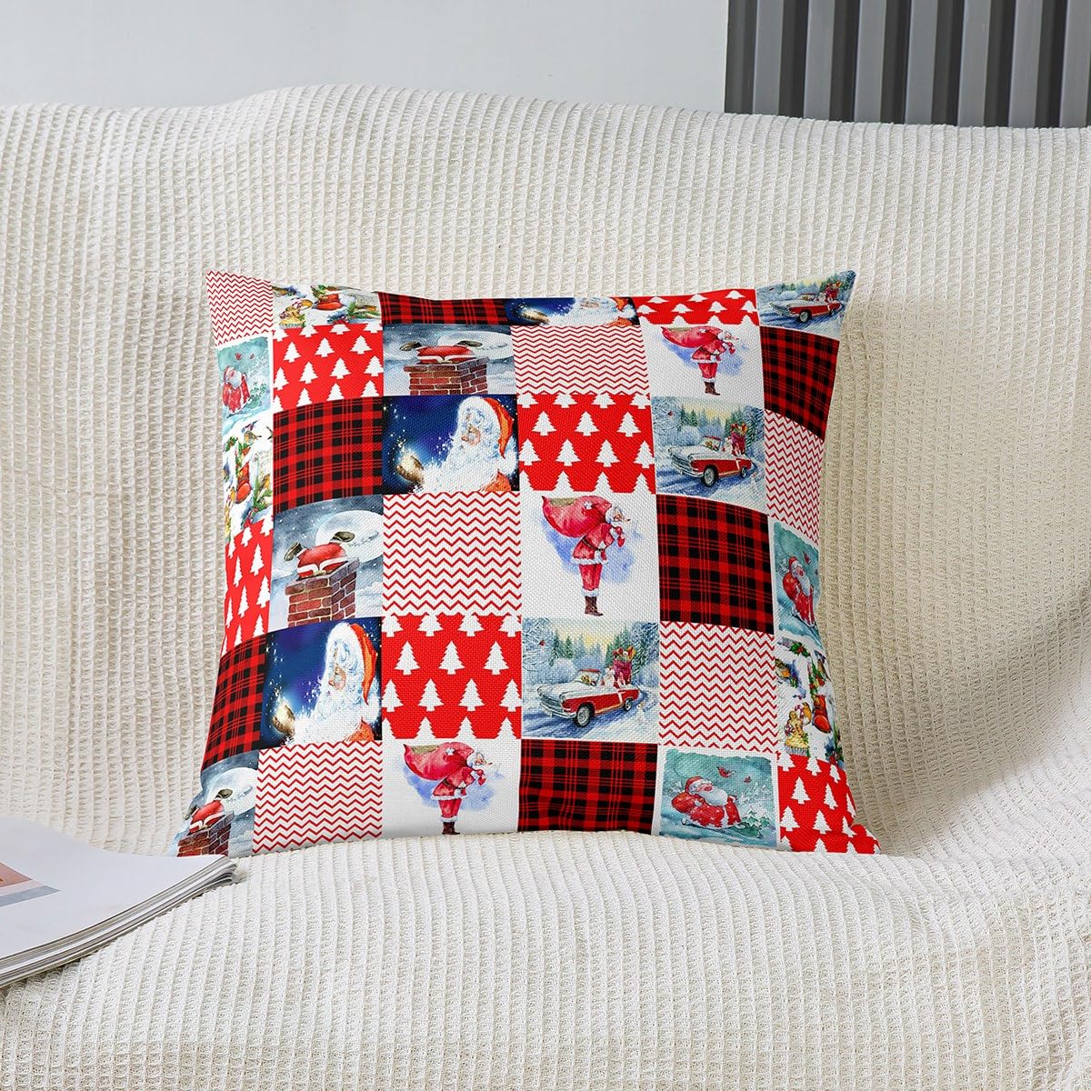 Fundas de almohada con temática navideña, fundas de cojín para niños, juego de 1 funda de almohada de Papá Noel, decoración suave, líneas geométricas, fundas de almohada decorativas, fundas de cojín
