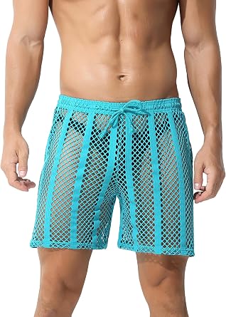 Panegy Mens Fishnet Legging Pants & Shorts Mesh Drawstring Loose Lounge Pants Swim Shorts