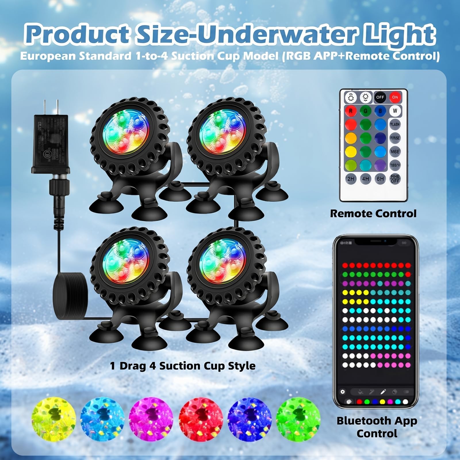 Illuminazione a LED subacquea RGB, luce subacquea, per stagno, illuminazione subacquea, con telecomando e app Bluetooth, IP68, luce subacquea per giardino, patio, albero (4 in 1)