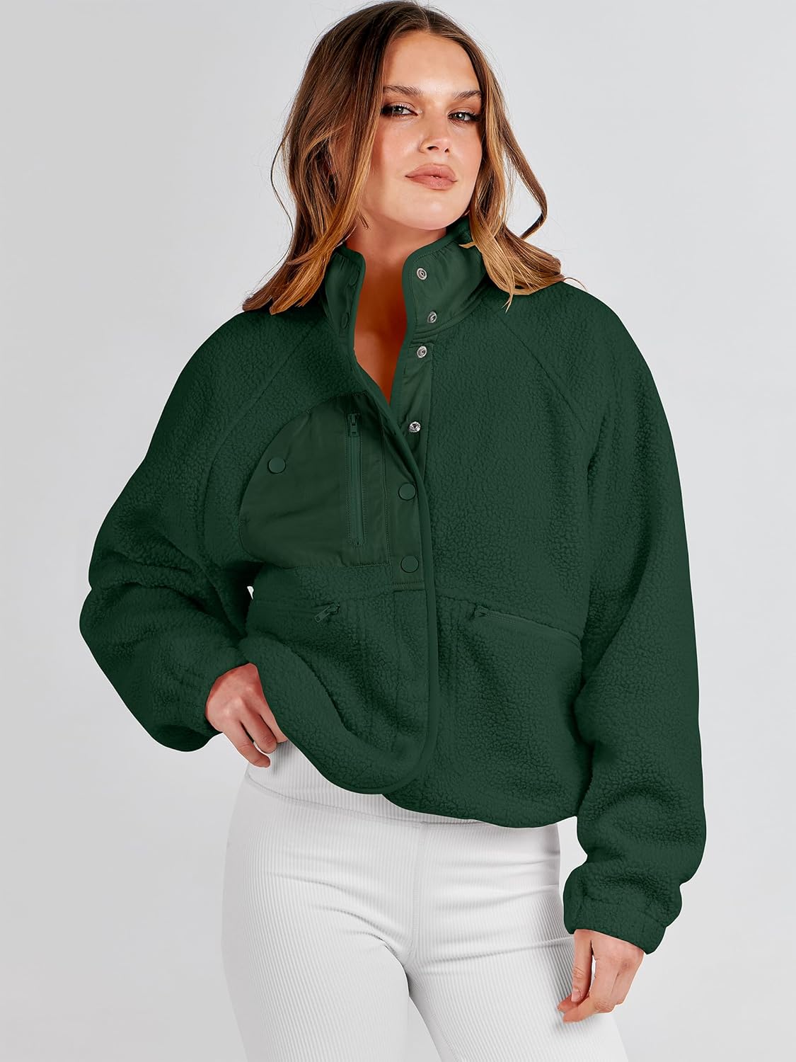 ANRABESS Womens Fuzzy Fleece Jacket Fall Casual Long Sleeve Cropped Sherpa Button Down Shacket Coats Outwear With Pockets - Image 9