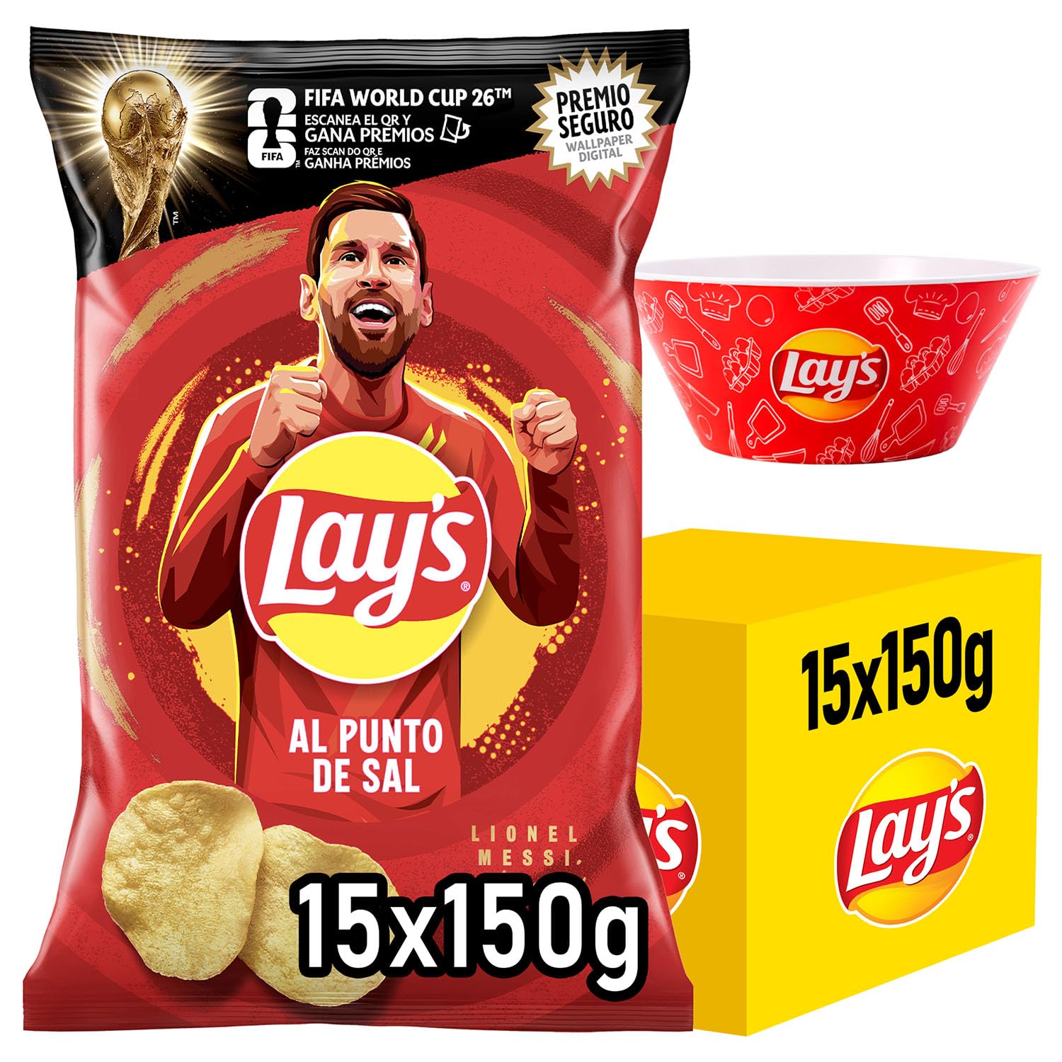 LAY’S Patatas Fritas Al Punto de Sal para Aperitivo y Consumo Diario, Bolsas Individuales de 150 g, Pack de 15, Incluye Bowl de Regalo