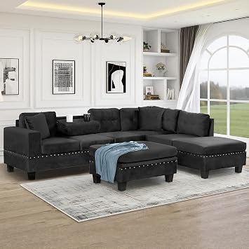 Modern 105" L-Shape Sectional Sofa with Storage Ottoman and Reversible Chaise, Velvet Upholstered Couch Set with 2 Pillows and Cup Holders for Living Room Apartment Home Office Black-5.26
