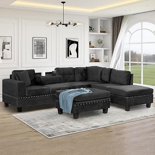 P PURLOVE Sectional Sofa with Reversible Chaise and 2 Pillows, Polyester L-Shaped Sofa with Storage Ottoman and Cup Holders, Sectional Couche Living Room Furniture Sets (Black)