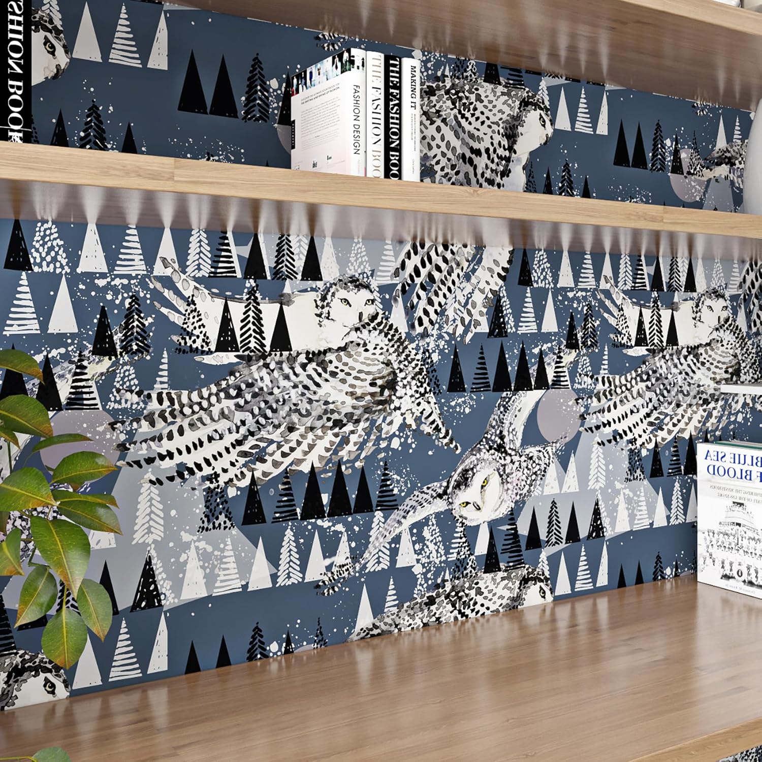 ReWallpaper Dark Blue and White Wallpaper Peel and Stick Abstract Owl Bird Jungle Wall Paper for Bedroom Accent Wall Bathroom Waterproof Removable Self Adhesive Contact Paper for Cabinets 17.5in×10ft