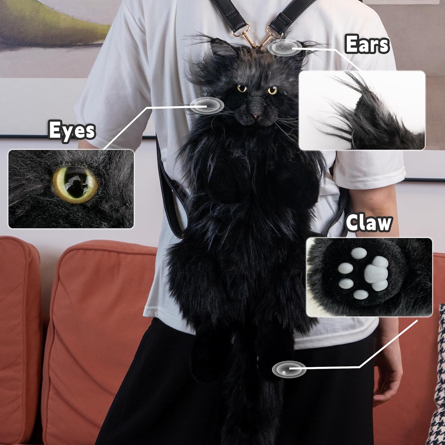 Chongker Black Realistic Cat Plush Backpack, Black Cat Gothic Accessories - Soft Stuffed Animal Handbag with Adjustable Straps, Gothic Gifts for Women - Image 7