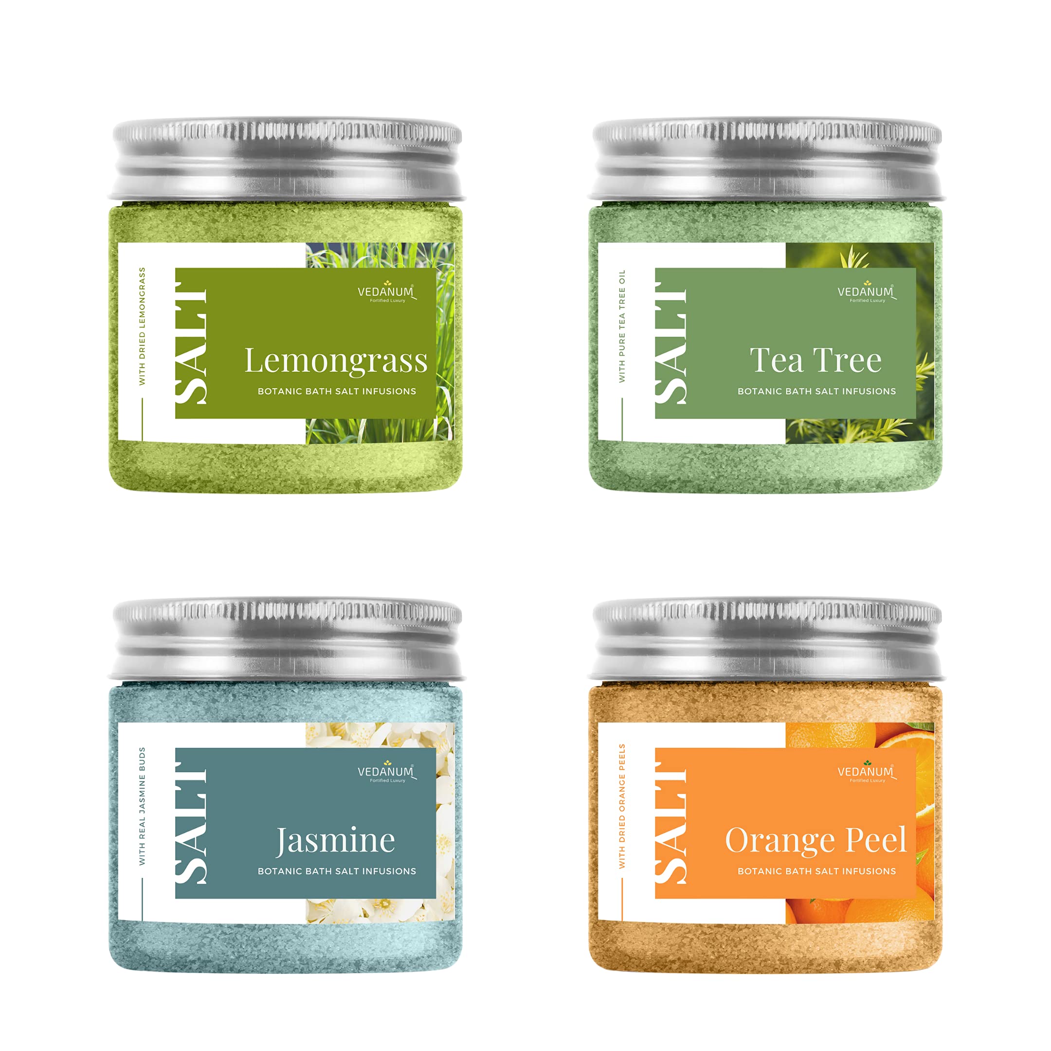 Vedanum Botanic Infusion Lemongrass, Tea Tree, Jasmine, Orange Bath Salt Combo for Relaxing, Pain Relief and Foot Massage - Pack of 4 Jars 100 Gm Each-image-34